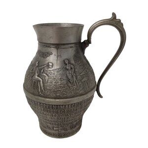 Vintage Frieling Zinn Germany Pewter Handled Pitcher Etched Design Victorian